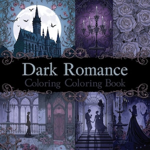 Dark Romance coloring book cover with gothic castle and moonlit sky