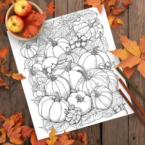 Flat lay of fall harvest coloring pages on table with pumpkins and crayons, printable seasonal art for home crafts.