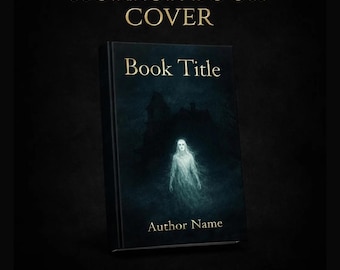 May include: A book cover design featuring a dark, moody scene with a glowing, ethereal figure standing before a silhouetted house. The text reads HORROR BOOK COVER at the top, Book Title in the center, and Author Name at the bottom.