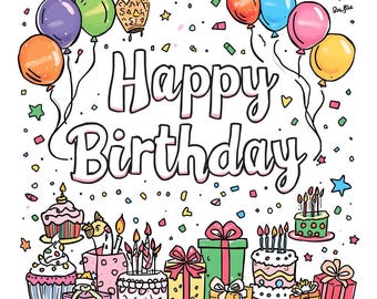 Páginas para colorear imprimibles / Tema de fiesta de cumpleaños / Libro para colorear de pasteles, globos y regalos / Descarga digital