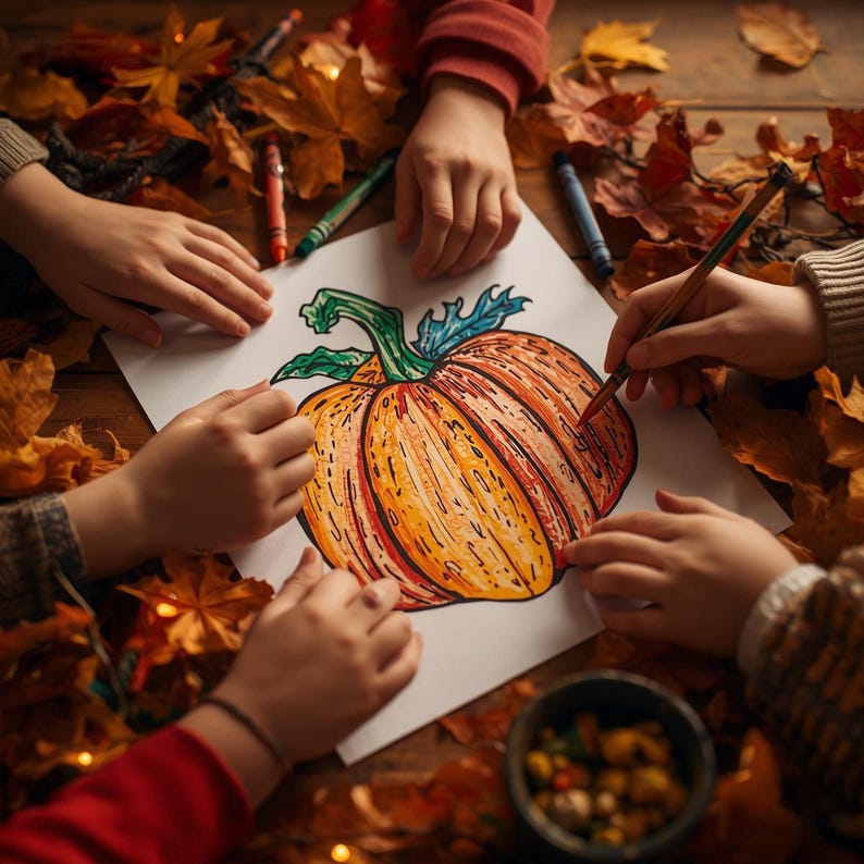 Digital download preview of fall and harvest coloring book, instant printable autumn pages for kids and adults.