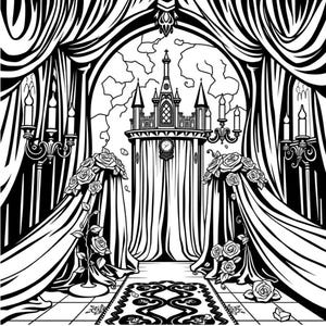 castle interior coloring page with curtains and throne line art