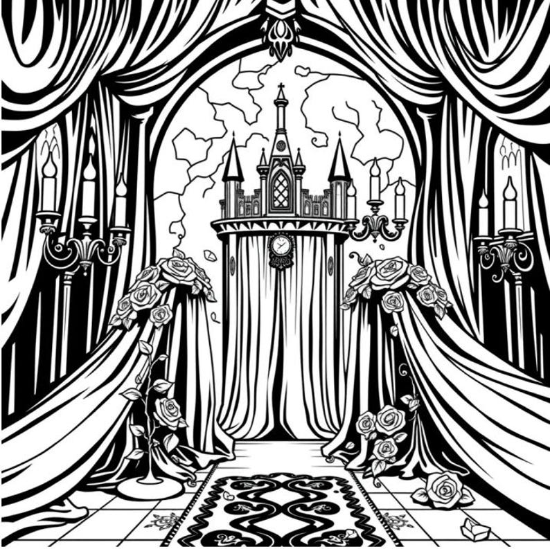 castle interior coloring page with curtains and throne line art