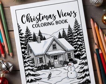 Libro para colorear con vistas navideñas / Escenas acogedoras de una cabaña de invierno / Páginas para colorear navideñas imprimibles