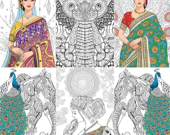 Mandalas indios para colorear: mujeres, elefantes y patrones (descarga digital)