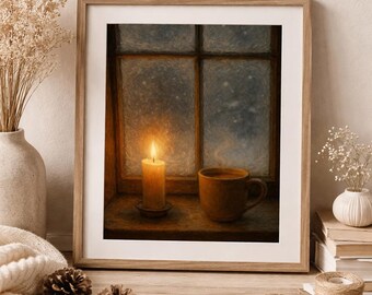 Lámina decorativa para ventana con temática invernal acogedora / Vela, té caliente, tarde nevada (Descarga digital)