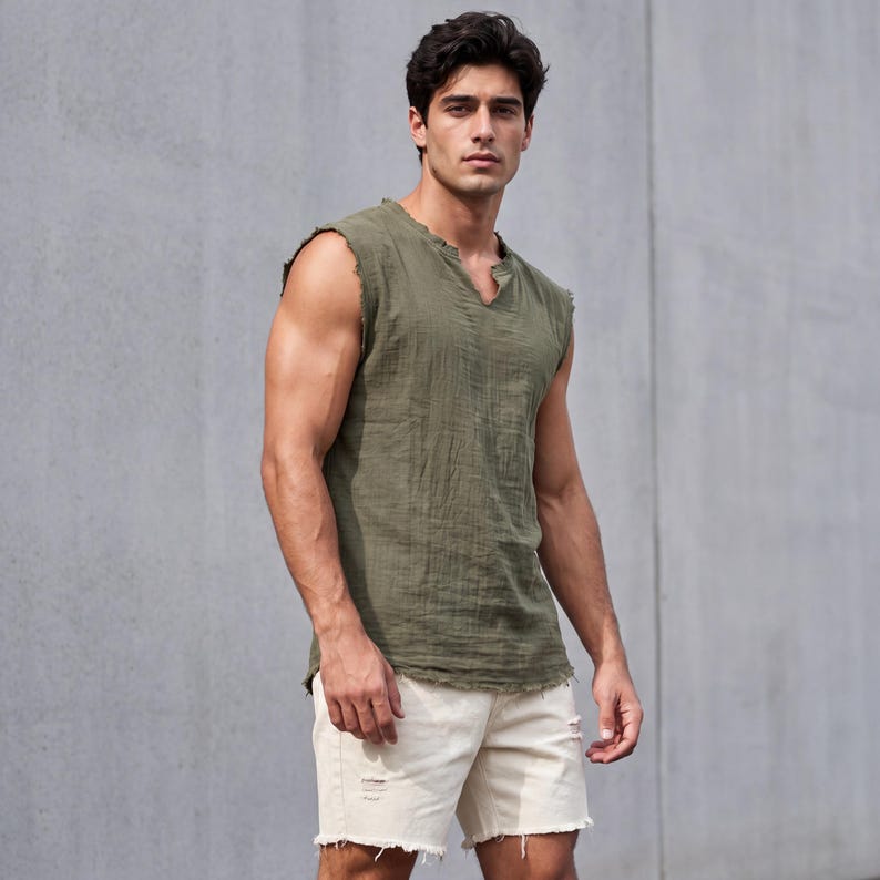 May include: Olive green sleeveless shirt with a V-neck and distressed edges. The shirt is paired with off-white, distressed denim shorts. The outfit is casual and suitable for warm weather.
