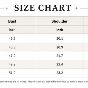 May include: A size chart with measurements in inches for bust, shoulder, and top length. Sizes range from M to 3XL, with bust measurements from 43.3 to 51.2 inches. Shoulder measurements are from 20.1 to 23.2 inches.
