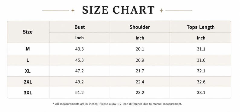 May include: A size chart with measurements in inches for bust, shoulder, and top length. Sizes range from M to 3XL, with bust measurements from 43.3 to 51.2 inches. Shoulder measurements are from 20.1 to 23.2 inches.