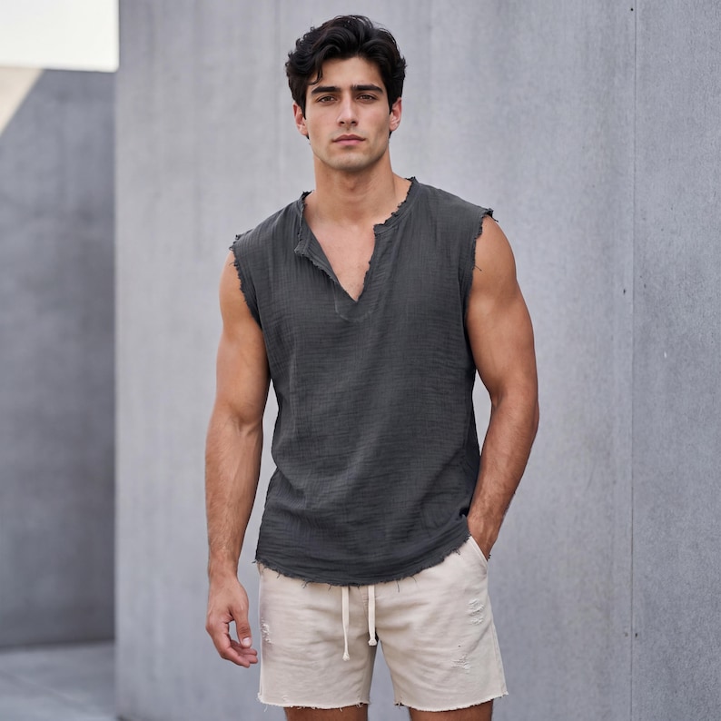 May include: A sleeveless, dark gray top with a V-neck and distressed edges, paired with beige shorts featuring a drawstring waist and frayed hems. The outfit is casual and relaxed.