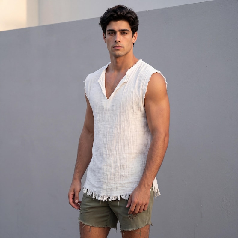 May include: Off-white sleeveless top with a V-neck and frayed edges. The top is made of a textured fabric. The model is wearing olive green shorts. The background is a solid gray wall.