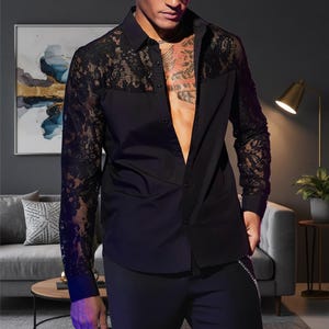 Men's Black Floral Lace Sleeve Shirt - Rock Festival Party Top