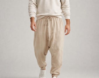 Men's Cotton Linen Harem Pants | Drop Crotch Urban Joggers