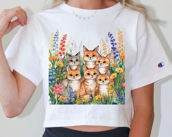 Champion Fox Family Crop T-Shirt | Woodland Wildflower Garden Shirt | Floral Nature-Inspired Mom Tee | Trendy Cropped Fit Fox Shirt