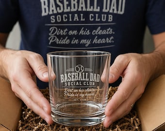 Baseball Dad Social Club Whiskyglas, Gegraveerd Rocks Glass, Vaderdagcadeau voor honkbalvader, grappig honkbalvadercadeau 2026