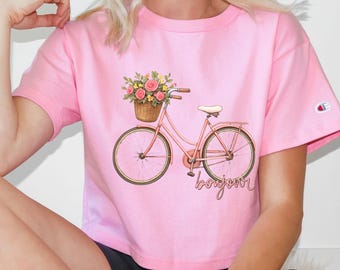 Champion  Bicycle Flower Basket Crop Top | Bonjour Graphic Tee | Floral French Aesthetic Shirt | Trendy Cropped Bonjour Top, mothers gift