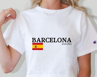 Barcelona Spain Flag Cropped Tee |Minimalist Champion Womens Heritage Cropped Tee | Retro Espana Athletic Shirt