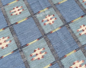 Alfombra Kilim de tejido plano de lana escandinava azul para dormitorio, 8 x 10 pulgadas, decoración del hogar