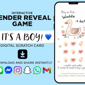 Puede incluir: Juego digital de revelación de género con el texto "It's a Boy!" sobre un fondo azul claro. El juego se muestra en la pantalla de un smartphone con una ilustración de pato y círculos para rascar para revelar el género del bebé.