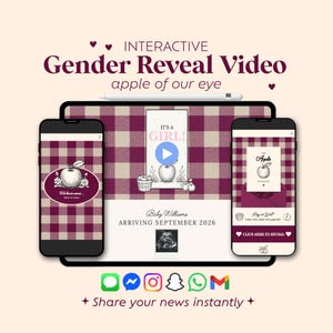 Puede incluir: Una plantilla de video interactivo para revelación de género en una tableta y dos teléfonos inteligentes, con un patrón de cuadros granate y crema, ilustraciones de manzanas, el texto "IT'S A GIRL!", "Baby Williams" y "ARRIVING SEPTEMBER 2026".