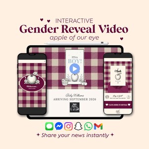 Puede incluir: Una plantilla de video interactivo para revelación de género mostrada en una tableta y dos teléfonos inteligentes. El diseño presenta un patrón de cuadros granate y blanco, ilustraciones de manzanas y texto que incluye "Interactive Gender Reveal Video", "apple of our eye", "IT'S A BOY!", "Baby Williams ARRIVING SEPTEMBER 2026" y "CLICK HERE TO REVEAL".