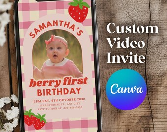 Editable Berry First Birthday Video Invitation, Animated Strawberry 1st Invite, Canva Template, Berry Sweet Birthday, Instant Download
