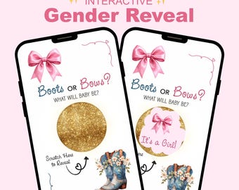 Boots or Bows Gender Reveal, Digital Scratch Off Card, Interactive Virtual Gender Reveal Game, Coquette Pink Bow Cowboy Boots, It's a Girl