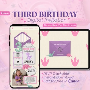 Puede incluir: Una plantilla de invitación digital para un tercer cumpleaños con temática de dinosaurios en tonos rosa y morado. El diseño incluye un número tres brillante, una ilustración de un T-Rex y el texto There's A THREE-REX On The Loose y Amelia's.