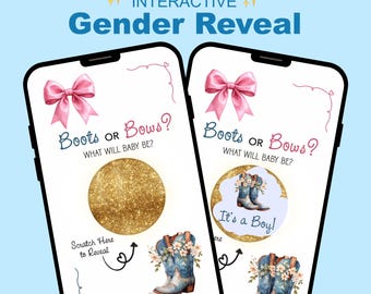 Boots or Bows Gender Reveal, Digital Scratch Off Card, Interactive Virtual Gender Reveal Game, Coquette Pink Bow Cowboy Boots, It's a Boy