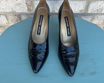 Vintage Martinez Valero Black Patent Leather Pumps Women’s 8.5 AA Narrow Pointed Toe Heels