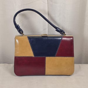 Vintage 1970s Patchwork Leather Handbag Colorblock Kiss Lock Frame Purse Retro Mod Bag