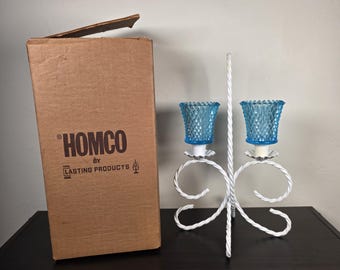 ヴィンテージ HOMCO ブルー ホブネイル ガラス製キャンドルホルダー ダブル ボティブ ホワイトメタル コテージ風インテリア 1980年代