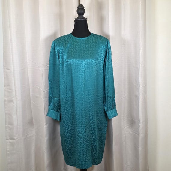 Liz Claiborne, Vintage 90s Teal Silk Dress Liz Claiborne Size 12 Petite Long Sleeve Jacquard Shift