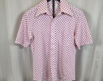 1970s Red Geometric Disco Shirt Vintage Montgomery Ward Button Up Mod Unisex Medium