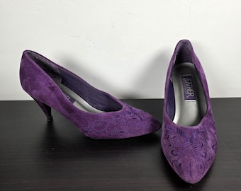 Y2K Purple Suede Kitten Heels Embroidered Pointed Toe Pumps Size 7.5 Vintage Style Shoes