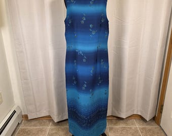 Vintage 90s Blue Ombre Floral Maxi Dress – Minimalist Sleeveless Dress Size 12