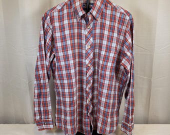 Vintage 90s Plaid Button Down Shirt: Red Blue Cotton, Made in USA, Mens Large