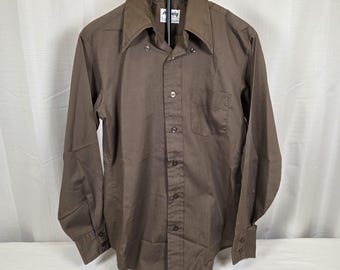 Vintage 1970s Brown Button Up Shirt Mens Medium Retro Wide Collar Permanent Press