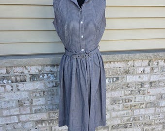 1950s Gingham Shirtwaist Dress | Vintage Black White ILGWU Belted Midi | Cottagecore Picnic Dress
