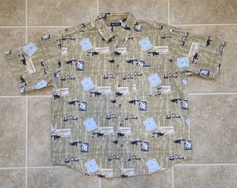 Vintage 90er Jahre Y2K Auto Print Button Up Shirt XL Retro Neuheit Dad Shirt Tropische Baumwolle