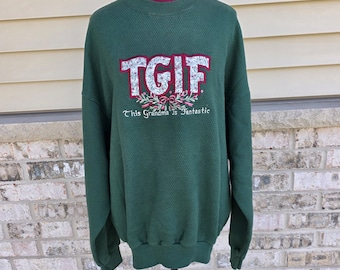 Felpa vintage anni '90 TGIF da nonna / Maglione a collo alto floreale stile cottagecore da nonna / Felpa oversize verde ricamata taglia XL