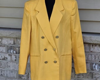 Vintage 80s Yellow Power Blazer Gold Crest Buttons Made in USA Womens Tailored Jacket Medium