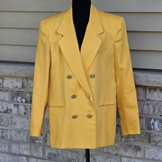 Vintage 80s Yellow Power Blazer Gold Crest Buttons Made in USA Womens Tailored Jacket Medium