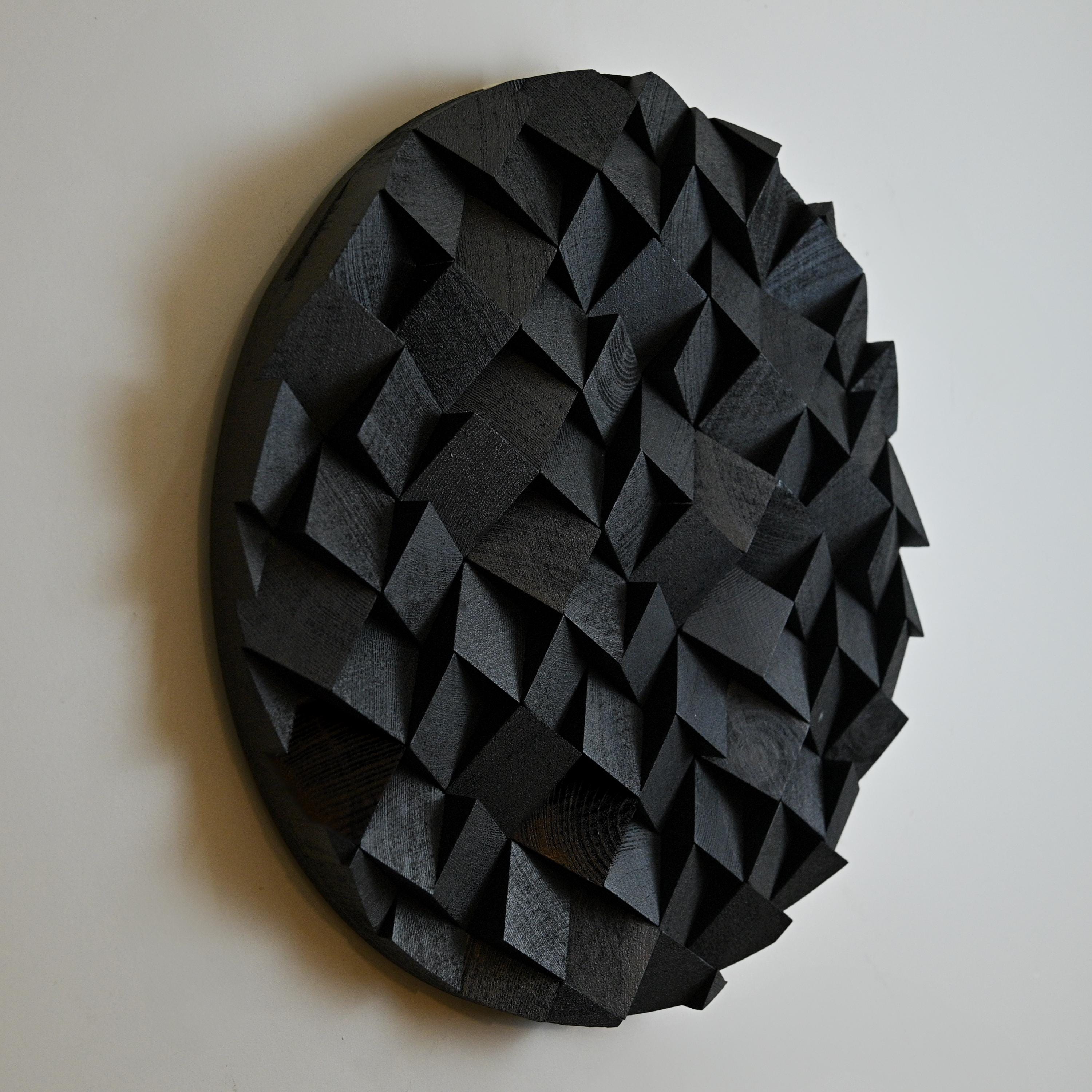 Monochrome Round 3D Wood Mosaic Wall Sculpture – Handmade Geometric ...