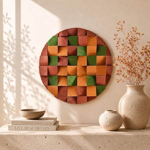 Round 3D Wood Mosaic Wall Art, Geometric Checkerboard Decor, Acoustic Wall Design