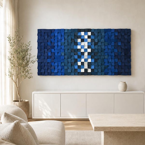 Handmade Blue Geometric Wood Wall Art, 3D Sound Diffuser Decor, Coastal Modern Panel