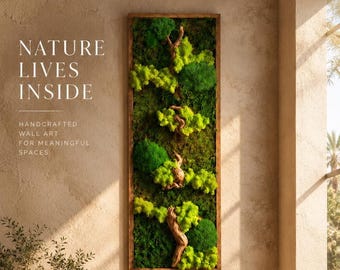 Verticale moskunst aan de muur, bewaard gebleven prieelgroen, ingelijste houtplantdecor, paneel biofiele natuur