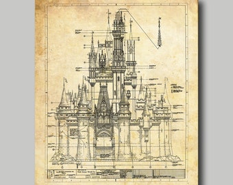 Disney World Castle Blueprint Disney Cinderella Etsy
