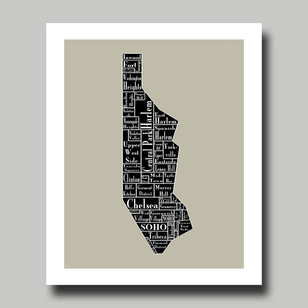 New York City Map Manhattan Neighborhood Map New York Black Print New York City Map Manhattan Neighborhood Map New York Black Print