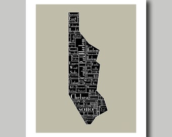 New York City Map Manhattan Neighborhood Map New York Black Print Poster